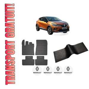 Set 5 covorase auto RENAULT CAPTUR II (HF_) din 2003-2011, cu covoras tunel median, presuri auto din cauciuc, 4x Stickere auto cu RENAULT