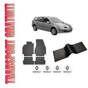 Set 5 covorase auto RENAULT MEGANE II Estate Van (KM_) din 2004-2013, cu covoras tunel median, presuri auto din cauciuc, 4x Stickere auto cu RENAULT