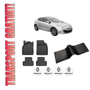 Set 5 covorase auto RENAULT MEGANE III Hatchback Van (BZ_) din 2009-2017, cu covoras tunel median, presuri auto din cauciuc, 4x Stickere auto cu RENAULT