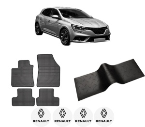 Set 5 covorase auto RENAULT MEGANE IV Hatchback (B9A/M/N_) din 2008-2016, cu covoras tunel median, presuri auto din cauciuc, 4x Stickere auto cu RENAULT - Img 2