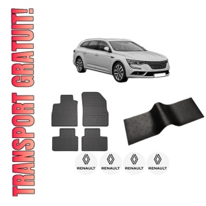 Set 5 covorase auto RENAULT TALISMAN Grandtour (KP_) din 2010-2023, cu covoras tunel median, presuri auto din cauciuc, 4x Stickere auto cu RENAULT