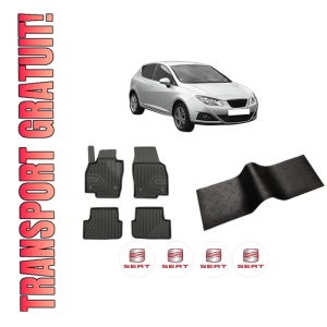 Set 5 covorase auto SEAT IBIZA IV (6J5, 6P1) din 2019-2021, cu covoras tunel median, presuri auto din cauciuc, 4x Stickere auto cu SEAT