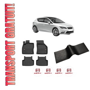 Set 5 covorase auto SEAT LEON (5F1) din 2004-2011, cu covoras tunel median, presuri auto din cauciuc, 4x Stickere auto cu SEAT