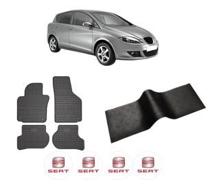 Set 5 covorase auto SEAT TOLEDO III (5P2) din 2015-2017, cu covoras tunel median, presuri auto din cauciuc, 4x Stickere auto cu SEAT - Img 2