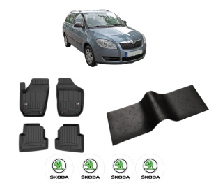 Set 5 covorase auto SKODA FABIA II Combi (545) din 2015-2018, cu covoras tunel median, presuri auto din cauciuc, 4x Stickere auto cu SKODA - Img 2