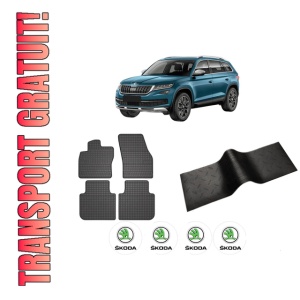 Set 5 covorase auto SKODA KODIAQ I (NS6, NS7, NV7) din 2013-2019, cu covoras tunel median, presuri auto din cauciuc, 4x Stickere auto cu SKODA