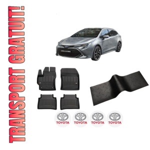 Set 5 covorase auto TOYOTA COROLLA Estate (_E21_) din 2016-2024, cu covoras tunel median, presuri auto din cauciuc, 4x Stickere auto cu TOYOTA