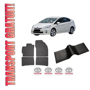 Set 5 covorase auto TOYOTA PRIUS (_W3_) din 2004-2012, cu covoras tunel median, presuri auto din cauciuc, 4x Stickere auto cu TOYOTA