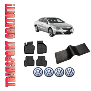 Set 5 covorase auto Volkswagen CC din 2008-2018, cu covoras tunel median, presuri auto din cauciuc, 4x Stickere auto cu Volkswagen