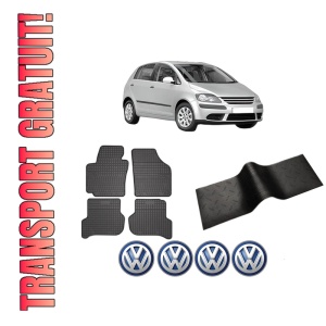 Set 5 covorase auto Volkswagen GOLF PLUS V (5M1, 521) din 2008-2013, cu covoras tunel median, presuri auto din cauciuc, 4x Stickere auto cu Volkswagen
