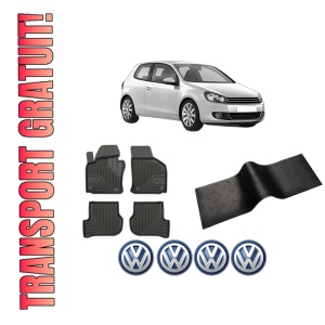 Set 5 covorase auto Volkswagen GOLF VI (5K1) din 2011-2016, cu covoras tunel median, presuri auto din cauciuc, 4x Stickere auto cu Volkswagen