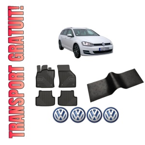 Set 5 covorase auto Volkswagen GOLF VII Variant (BA5, BV5) din 2007-2015, cu covoras tunel median, presuri auto din cauciuc, 4x Stickere auto cu Volkswagen