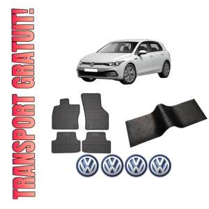 Set 5 covorase auto Volkswagen GOLF VIII (CD1, DA1) din 2007-2015, cu covoras tunel median, presuri auto din cauciuc, 4x Stickere auto cu Volkswagen