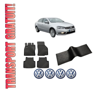 Set 5 covorase auto Volkswagen PASSAT B7 (A32, A33) din 2008-2012, cu covoras tunel median, presuri auto din cauciuc, 4x Stickere auto cu Volkswagen