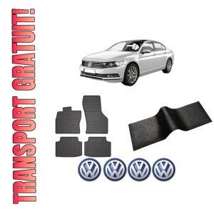 Set 5 covorase auto Volkswagen PASSAT B8 (3G2, CB2) din 2018-2024, cu covoras tunel median, presuri auto din cauciuc, 4x Stickere auto cu Volkswagen