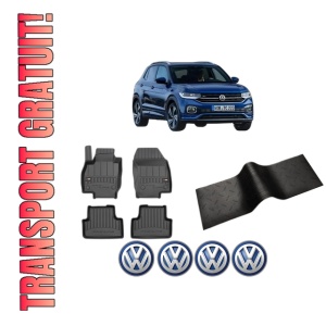 Set 5 covorase auto Volkswagen T-CROSS (C11, D31) din 2010-2020, cu covoras tunel median, presuri auto din cauciuc, 4x Stickere auto cu Volkswagen