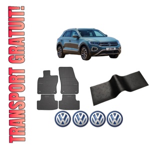 Set 5 covorase auto Volkswagen T-ROC (A11, D11) din 2010-2015, cu covoras tunel median, presuri auto din cauciuc, 4x Stickere auto cu Volkswagen