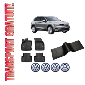 Set 5 covorase auto Volkswagen TIGUAN SUV Van (AD1) din 2012-2015, cu covoras tunel median, presuri auto din cauciuc, 4x Stickere auto cu Volkswagen