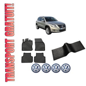 Set 5 covorase auto Volkswagen TIGUAN VAN (5N_) din 2003-2008, cu covoras tunel median, presuri auto din cauciuc, 4x Stickere auto cu Volkswagen