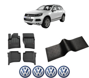 Set 5 covorase auto Volkswagen TOUAREG VAN (7P5) din 2007-2015, cu covoras tunel median, presuri auto din cauciuc, 4x Stickere auto cu Volkswagen - Img 2
