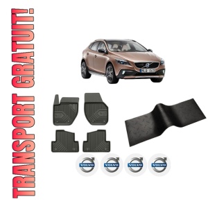 Set 5 covorase auto VOLVO V40 Cross Country (526) din 2006-2013, cu covoras tunel median, presuri auto din cauciuc, 4x Stickere auto cu VOLVO