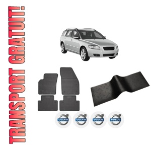 Set 5 covorase auto VOLVO V50 (545) din 2008-2021, cu covoras tunel median, presuri auto din cauciuc, 4x Stickere auto cu VOLVO