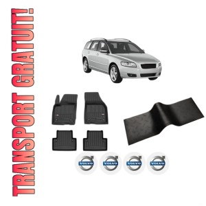 Set 5 covorase auto VOLVO V50 (545) din 2008-2021, cu covoras tunel median, presuri auto din cauciuc, 4x Stickere auto cu VOLVO