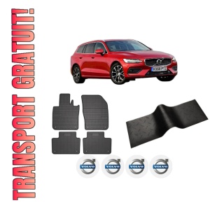 Set 5 covorase auto VOLVO V60 II (225) din 2015-2024, cu covoras tunel median, presuri auto din cauciuc, 4x Stickere auto cu VOLVO