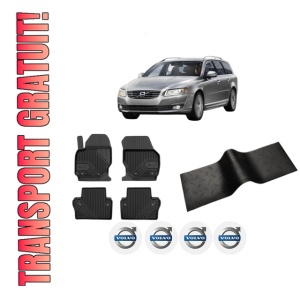 Set 5 covorase auto VOLVO V70 III Estate Van (135) din 2010-2017, cu covoras tunel median, presuri auto din cauciuc, 4x Stickere auto cu VOLVO