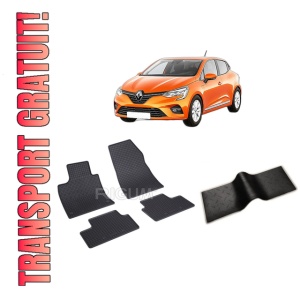 Set 5 covorase RENAULT CLIO V din 09.2019-PREZENT, cu covoras tunel median, CAROSERIE HATCHBACK, Presuri cauciuc 100%, compatibil cu autoturismul RENAULT CLIO V, Rigum