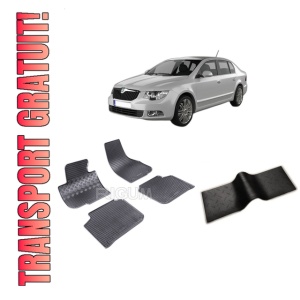 Set 5 covorase SKODA SUPERB II din 06.2008-04.2015, cu covoras tunel median, CAROSERIE SEDAN, Presuri cauciuc 100%, compatibil cu autoturismul SKODA SUPERB II, Rigum
