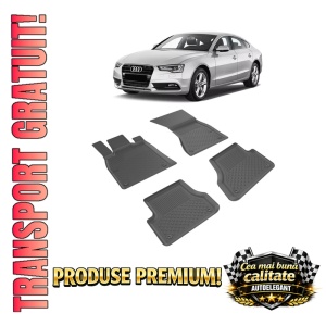 Set covorase Audi A5 Sportback din 2009 - 2016, covorase presuri tavita auto, cu tunel median intermediar din cauciuc thermoplastic, 4 Stickere auto cu Audi