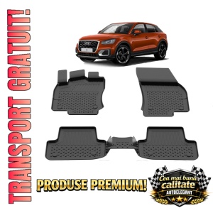 Set covorase Audi Q2 din 2015, covorase presuri tavita auto, cu tunel median intermediar din cauciuc thermoplastic, 4 Stickere auto cu Audi