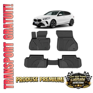 Set covorase BMW Seria 1 F70 din 2024, covorase presuri tavita auto, cu tunel median intermediar din cauciuc thermoplastic, 4 Stickere auto cu BMW