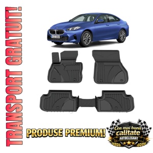 Set covorase BMW Seria 2 F74 Gran Coupe din 2024, covorase presuri tavita auto, cu tunel median intermediar din cauciuc thermoplastic, 4 Stickere auto cu BMW