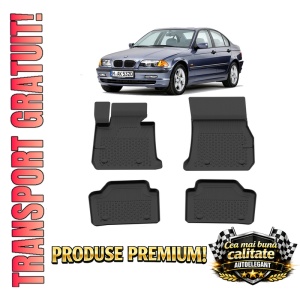 Set covorase BMW Seria 3 E46 din 1998 - 2005, covorase presuri tavita auto, cu tunel median intermediar din cauciuc thermoplastic, 4 Stickere auto cu BMW
