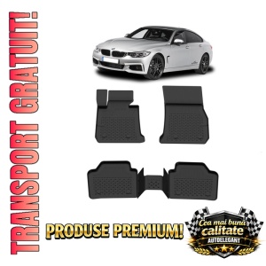 Set covorase BMW Seria 4 F36 Grand Coupe din 2014 - 2021, covorase presuri tavita auto, cu tunel median intermediar din cauciuc thermoplastic, 4 Stickere auto cu BMW