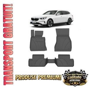 Set covorase BMW Seria 5 G61 din 2023, covorase presuri tavita auto, cu tunel median intermediar din cauciuc thermoplastic, 4 Stickere auto cu BMW