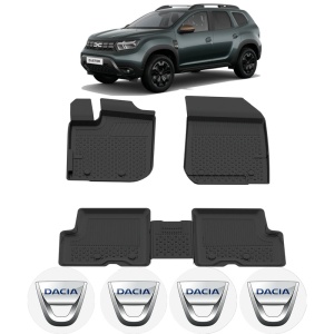 Set covorase Dacia Duster II din 2018 - 2024, covorase presuri tavita auto, cu tunel median intermediar din cauciuc thermoplastic, 4 Stickere auto cu Dacia - Img 2