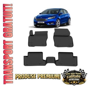 Set covorase Ford Focus III din 2011 - 2018, covorase presuri tavita auto, cu tunel median intermediar din cauciuc thermoplastic, 4 Stickere auto cu Ford