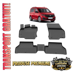 Set covorase Ford Tourneo Connect III din 2022, covorase presuri tavita auto, cu tunel median intermediar din cauciuc thermoplastic, 4 Stickere auto cu Ford