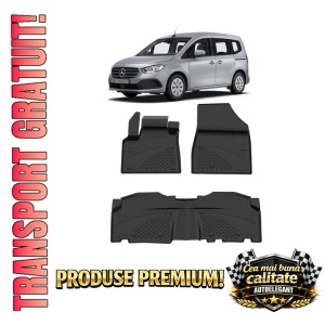 Set covorase Mercedes Citan din 2021, covorase presuri tavita auto, cu tunel median intermediar din cauciuc thermoplastic, 4 Stickere auto cu Mercedes
