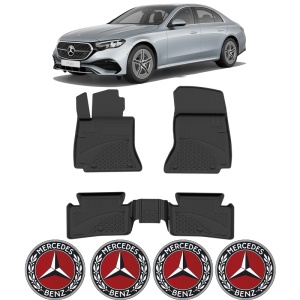 Set covorase Mercedes E-Class W214 din 2023, covorase presuri tavita auto, cu tunel median intermediar din cauciuc thermoplastic, 4 Stickere auto cu Mercedes - Img 2