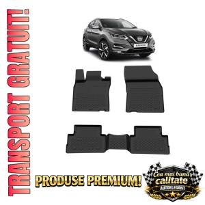 Set covorase Nissan Qashqai II din 2014 - 2021, covorase presuri tavita auto, cu tunel median intermediar din cauciuc thermoplastic, 4 Stickere auto cu Nissan