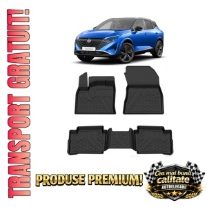 Set covorase Nissan Qashqai III din 2022, covorase presuri tavita auto, cu tunel median intermediar din cauciuc thermoplastic, 4 Stickere auto cu Nissan