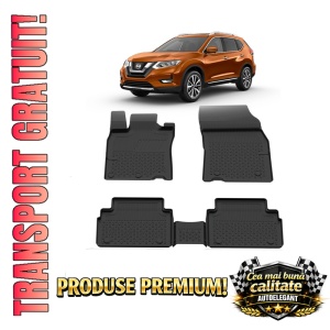 Set covorase Nissan X-Trail III din 2013-2021, covorase presuri tavita auto, cu tunel median intermediar din cauciuc thermoplastic, 4 Stickere auto cu Nissan