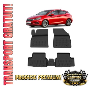 Set covorase Opel Astra K din 2015 - 2021, covorase presuri tavita auto, cu tunel median intermediar din cauciuc thermoplastic, 4 Stickere auto cu Opel
