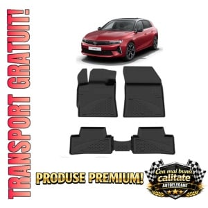 Set covorase Opel Astra L din 2021, covorase presuri tavita auto, cu tunel median intermediar din cauciuc thermoplastic, 4 Stickere auto cu Opel