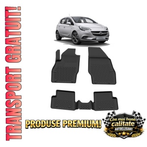 Set covorase Opel Corsa E din 2014 - 2019, covorase presuri tavita auto, cu tunel median intermediar din cauciuc thermoplastic, 4 Stickere auto cu Opel