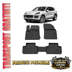 Set covorase Porsche Cayenne III din 2017, covorase presuri tavita auto, cu tunel median intermediar din cauciuc thermoplastic, 4 Stickere auto cu Porsche